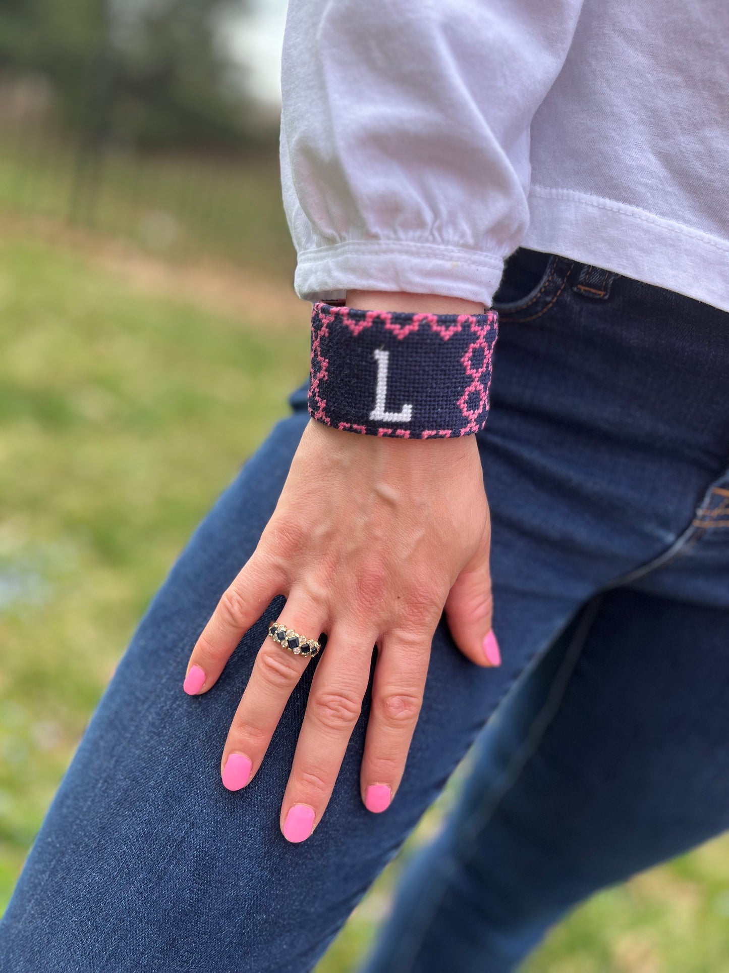Single Monogram Blue Quatrefoil Needlepoint Cuff Bracelet