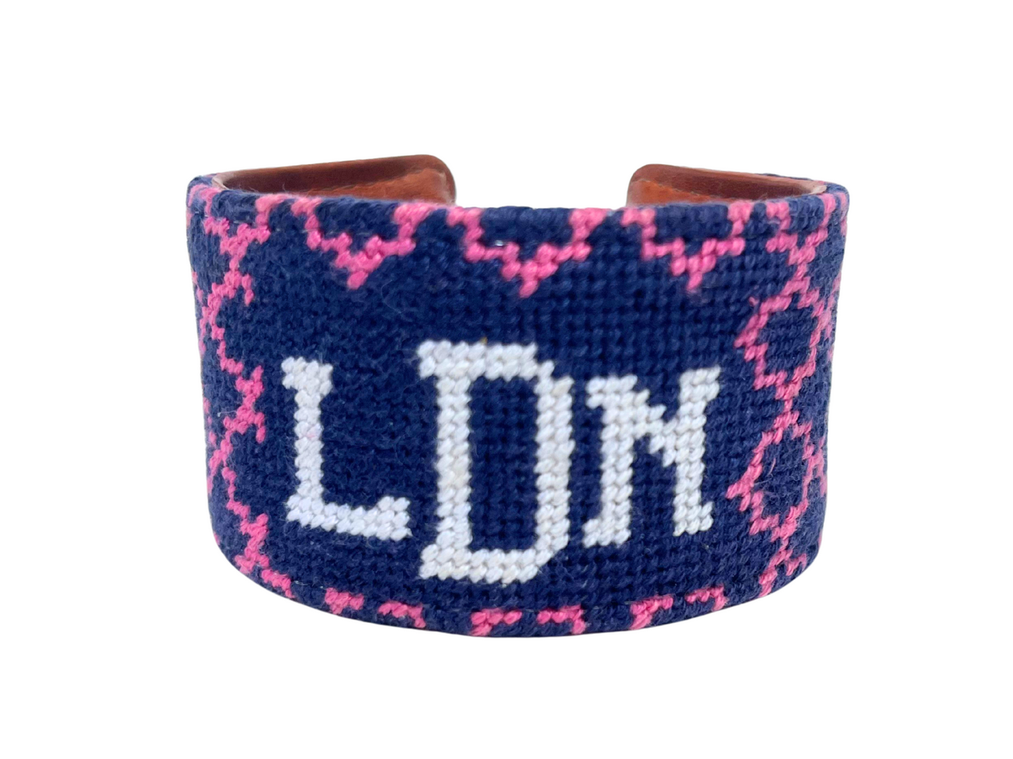 Monogram Needlepoint Cuff Bracelet - Navy and Pink Quatrefoil