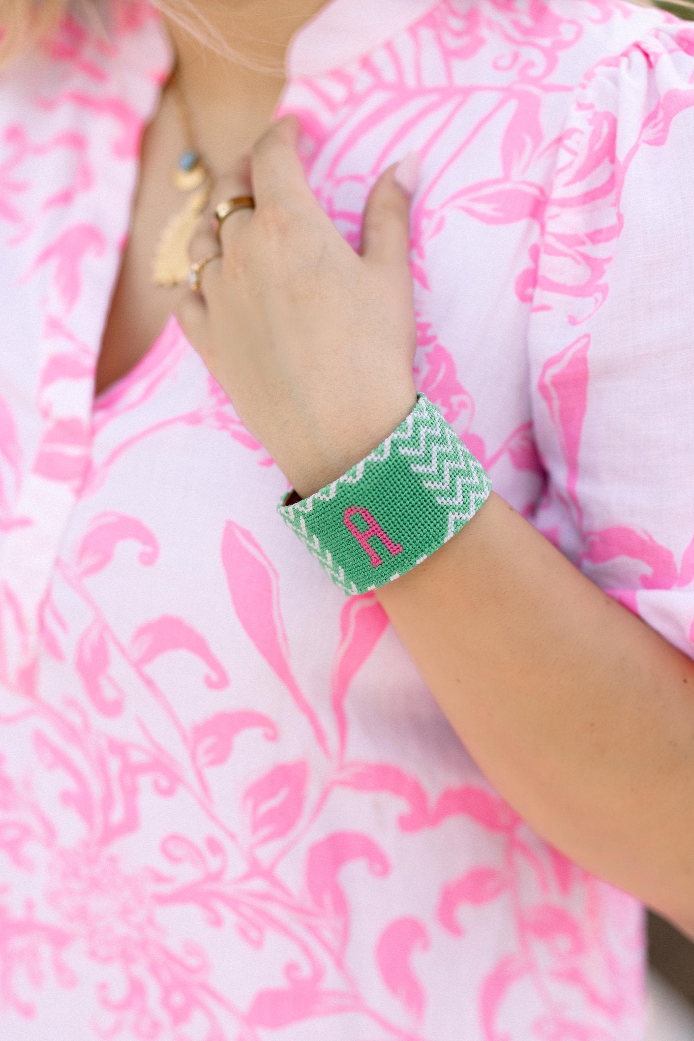 Single Monogram Green Chevron Needlepoint Cuff Bracelet