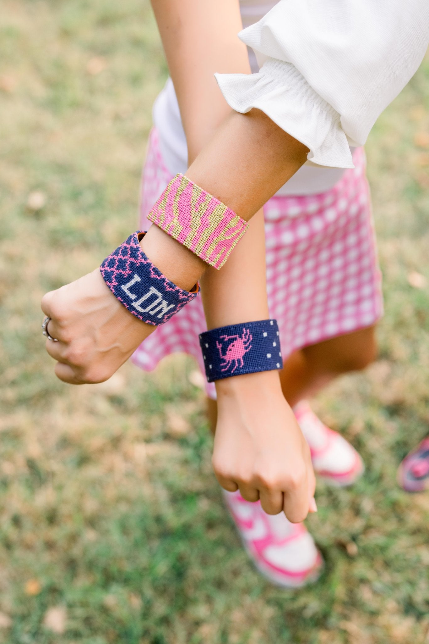 Monogram Needlepoint Cuff Bracelet - Navy and Pink Quatrefoil