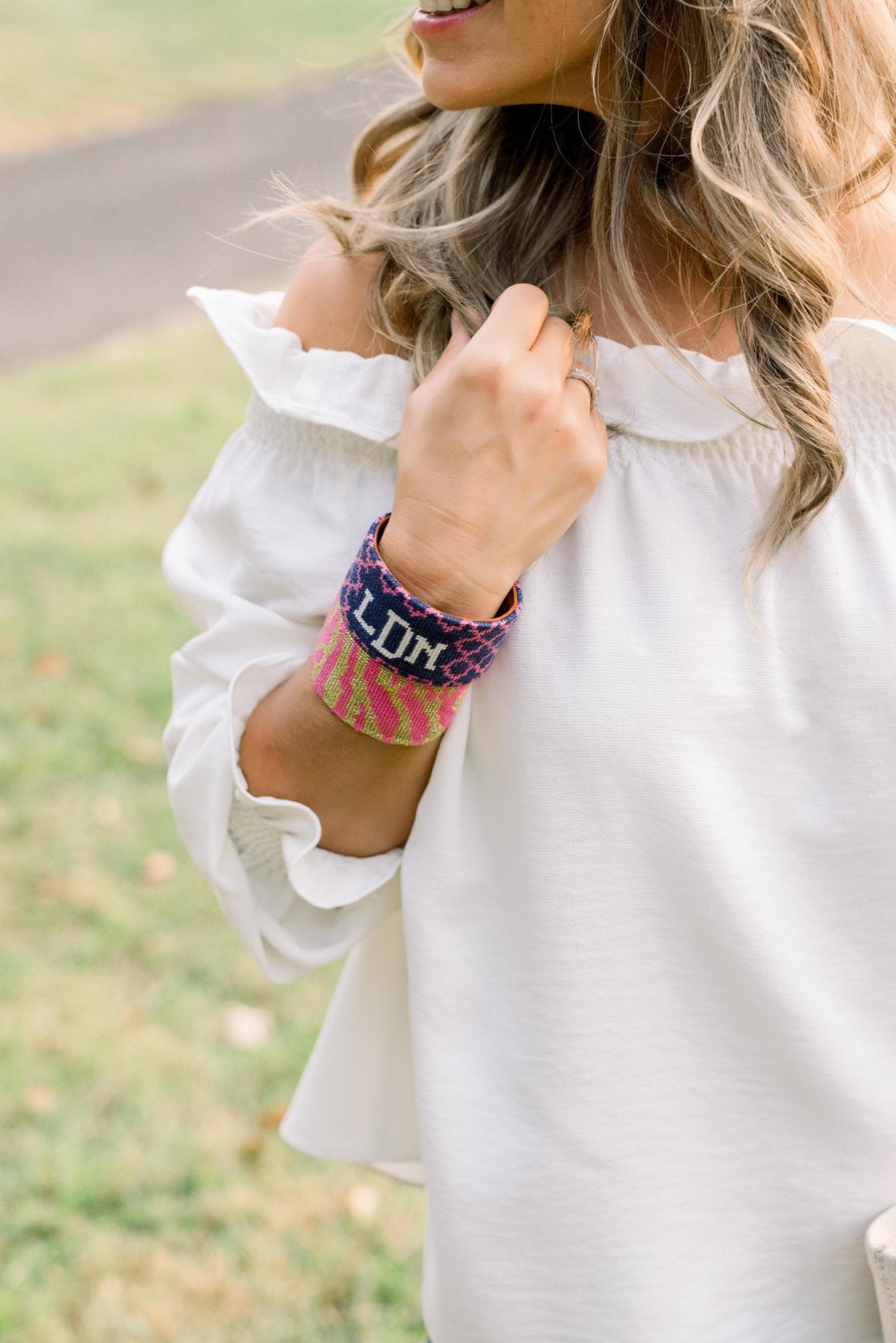 Monogram Needlepoint Cuff Bracelet - Navy and Pink Quatrefoil