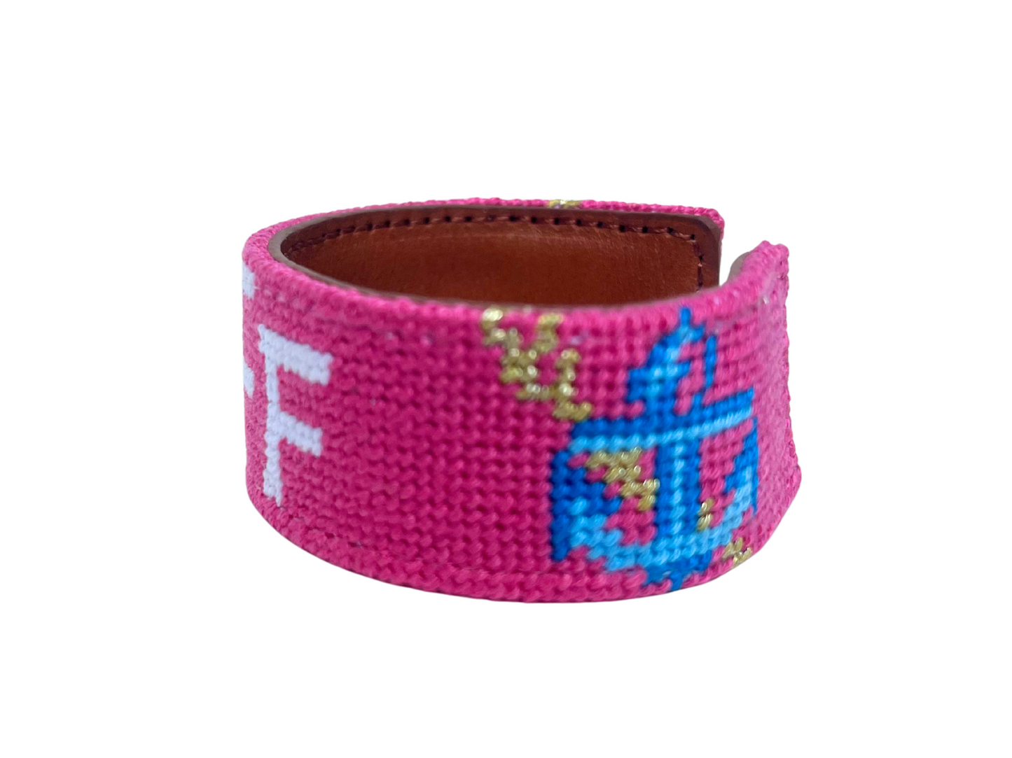 Monogram Needlepoint Cuff Bracelet - 1" Pink with Anchors