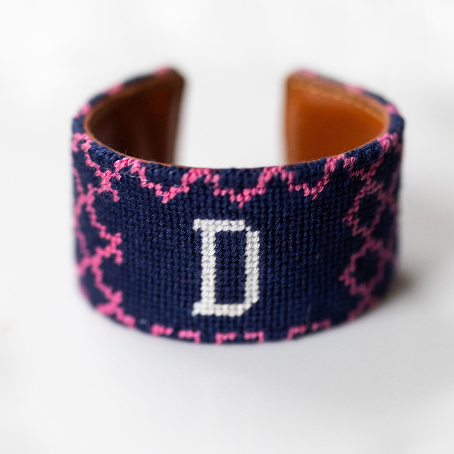 Single Monogram Blue Quatrefoil Needlepoint Cuff Bracelet