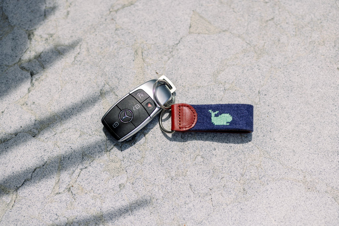 Needlepoint Navy and Green Whale Key Chain
