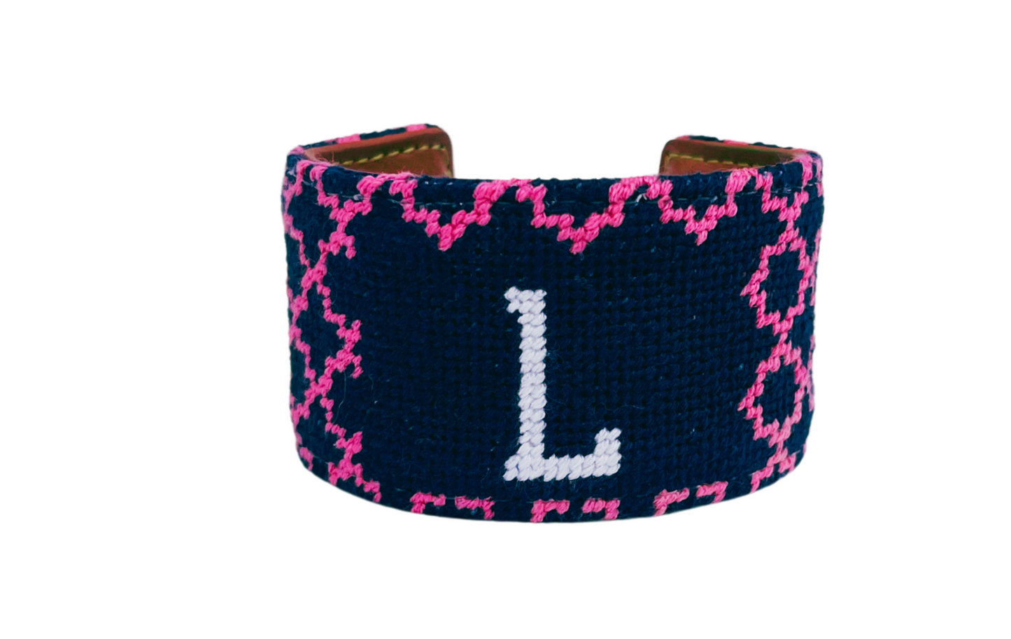 Single Monogram Blue Quatrefoil Needlepoint Cuff Bracelet