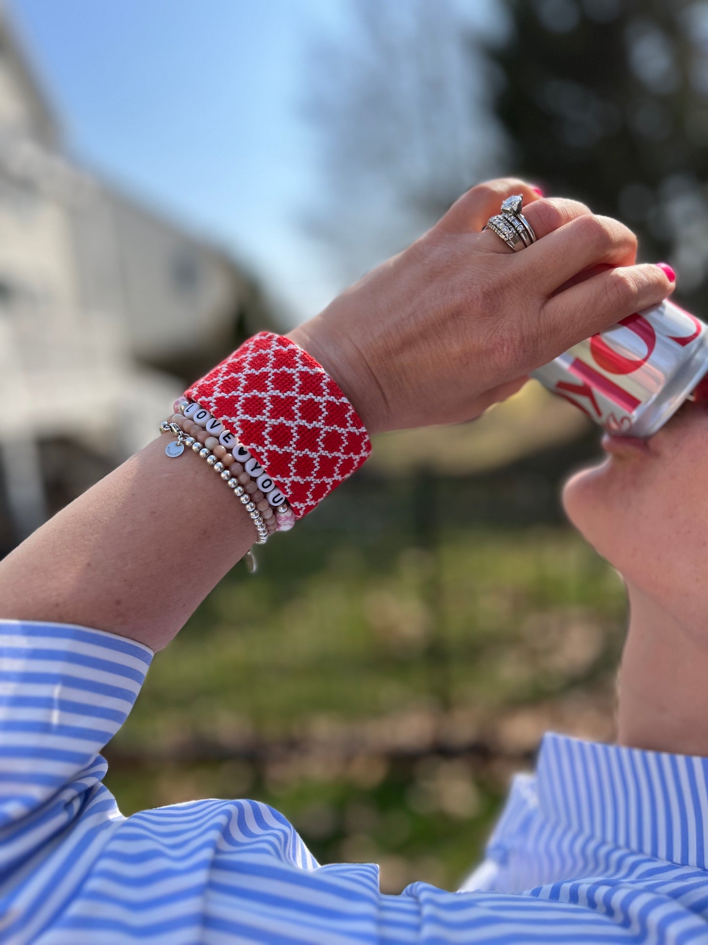 Red Quatrefoil Needlepoint Cuff Bracelet