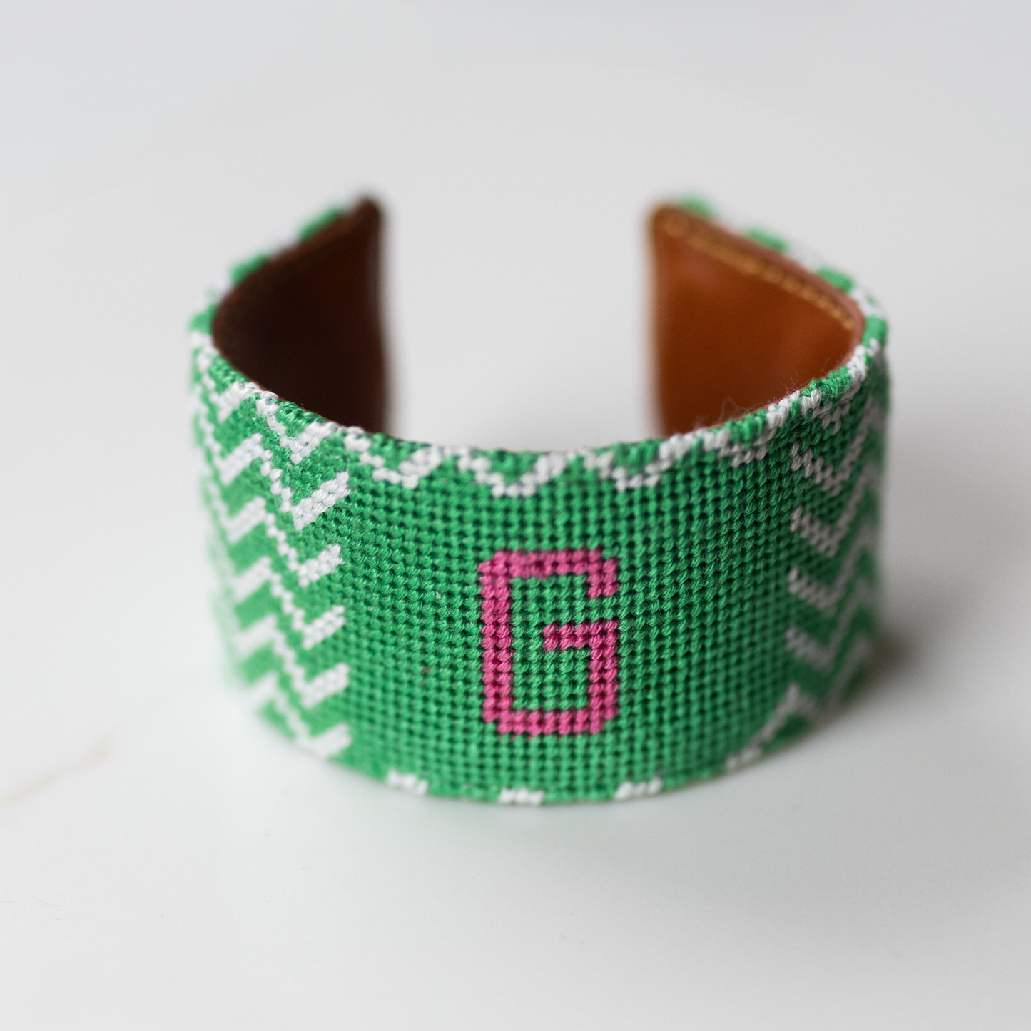 Single Monogram Green Chevron Needlepoint Cuff Bracelet
