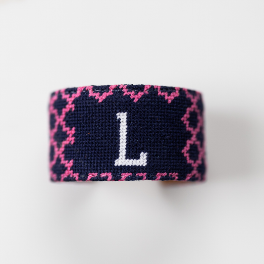Single Monogram Blue Quatrefoil Needlepoint Cuff Bracelet