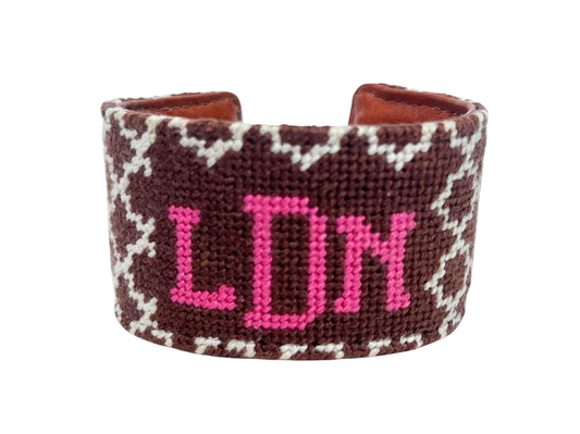 Monogram Needlepoint Cuff Bracelet - Brown and Pink Quatrefoil