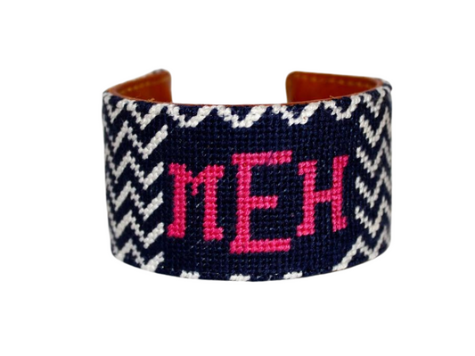 Monogram Needlepoint Cuff Bracelet - Black and Pink Chevron
