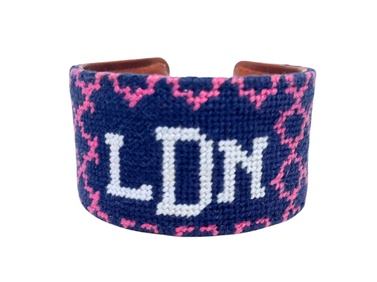 Monogram Needlepoint Cuff Bracelet - Navy and Pink Quatrefoil