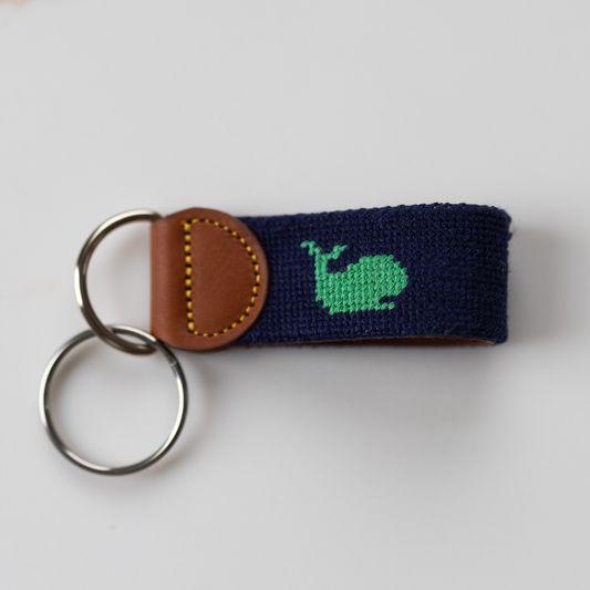 Needlepoint Navy and Green Whale Key Chain