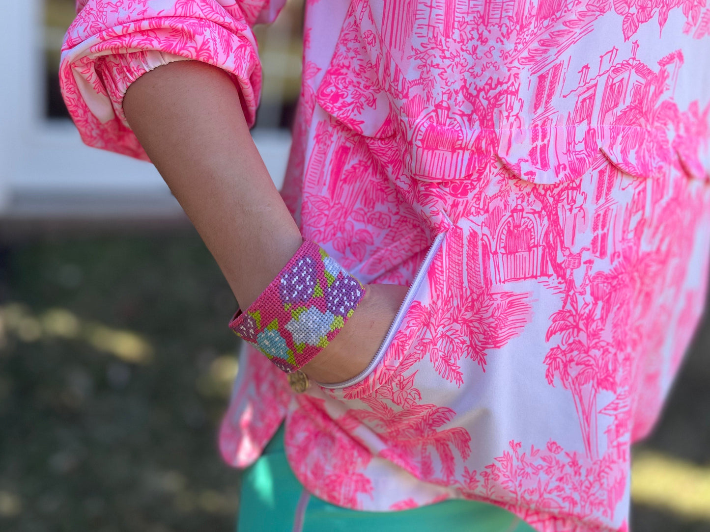 Needlepoint Hydrangea Cuff Bracelet