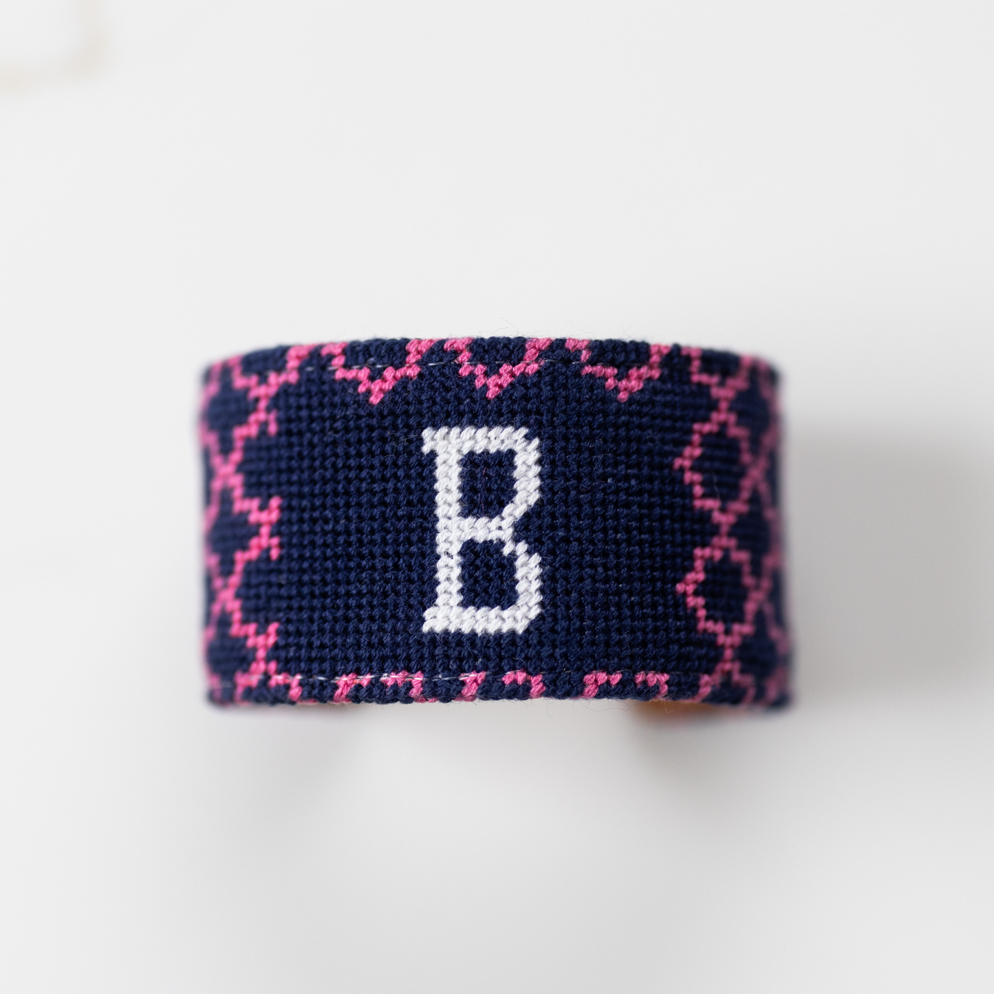 Single Monogram Blue Quatrefoil Needlepoint Cuff Bracelet