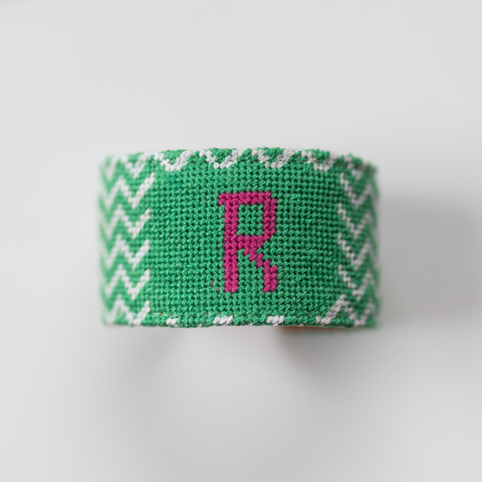 Single Monogram Green Chevron Needlepoint Cuff Bracelet