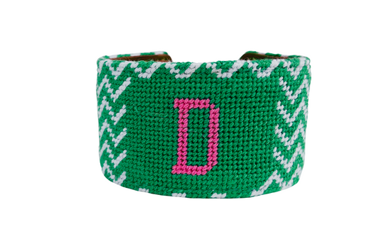 Single Monogram Green Chevron Needlepoint Cuff Bracelet