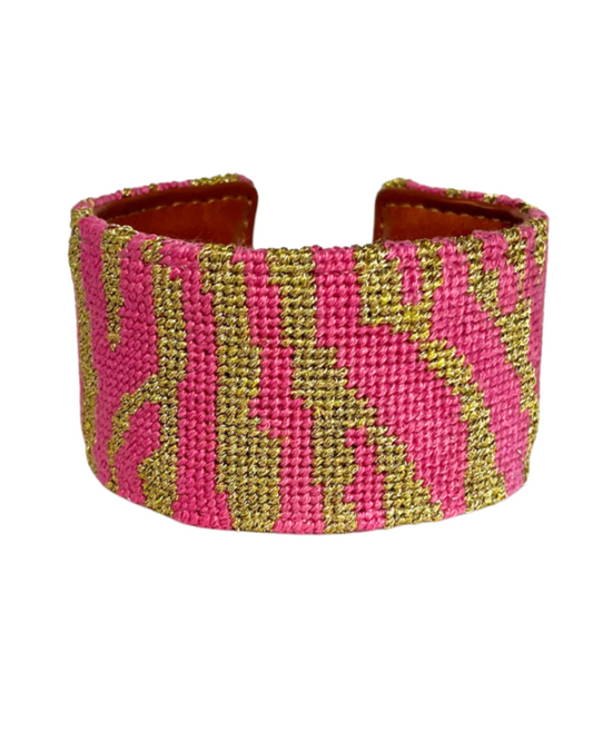 Jungle Love Pink and Gold Needlepoint Cuff Bracelet