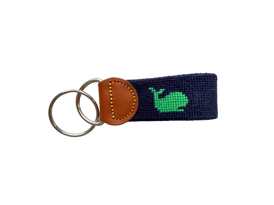 Needlepoint Navy and Green Whale Key Chain