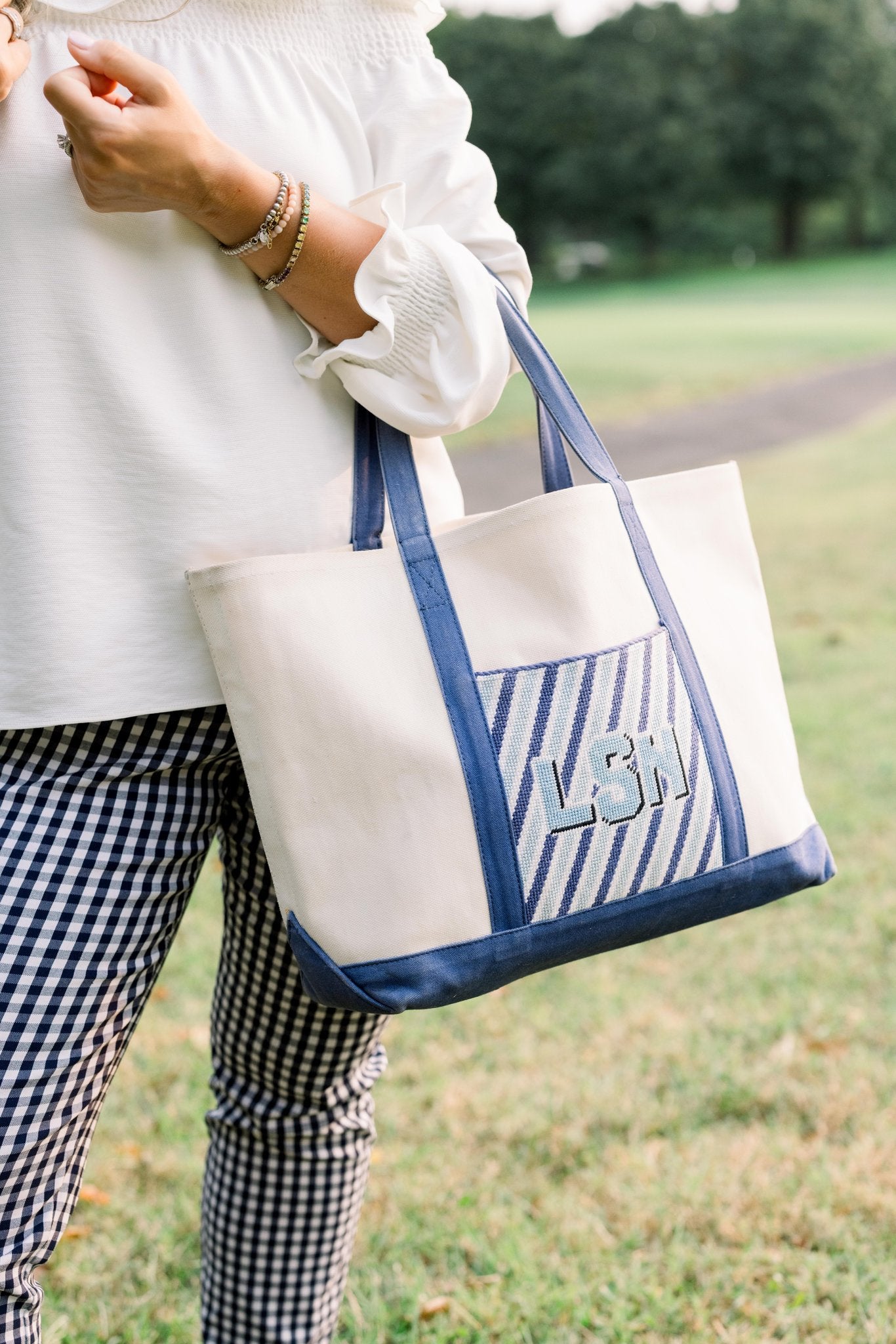 Monogram Navy Stripe Needlepoint Tote Bag - made to order!
