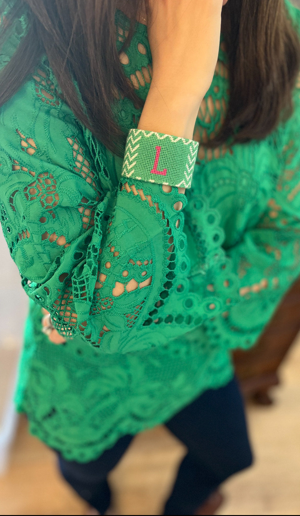 Single Monogram Green Chevron Needlepoint Cuff Bracelet