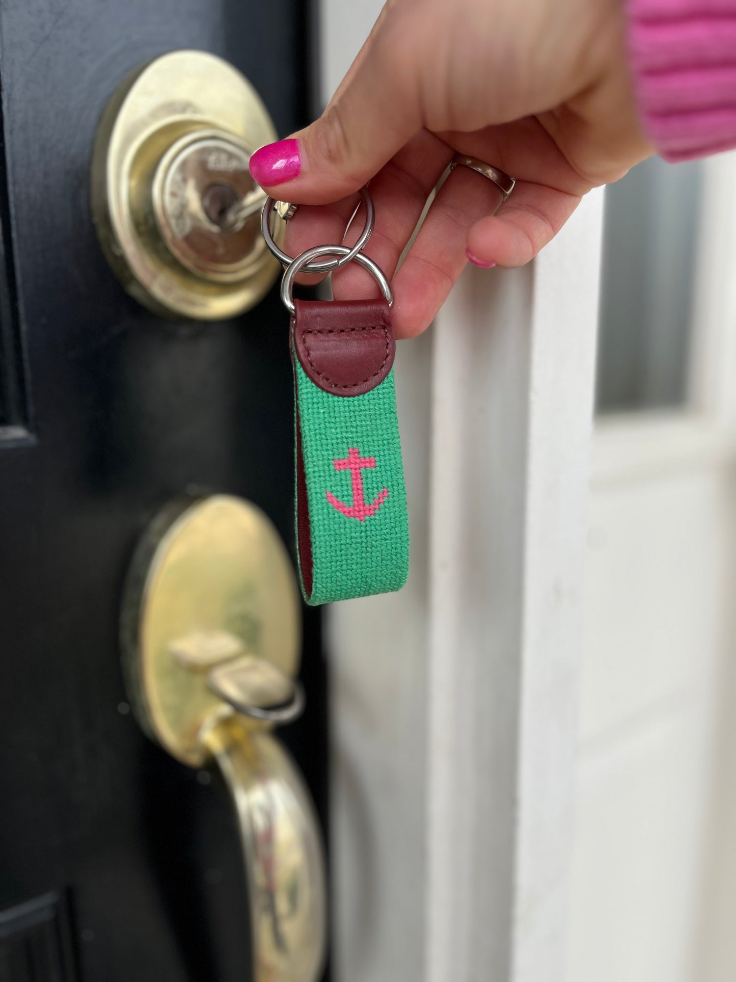 Needlepoint Pink and Green Anchor Key Chain
