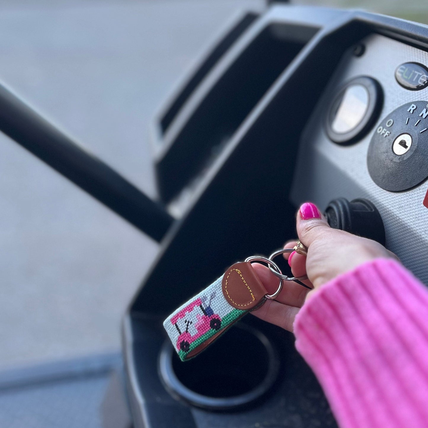Needlepoint Ladies Golf Cart Key Chain