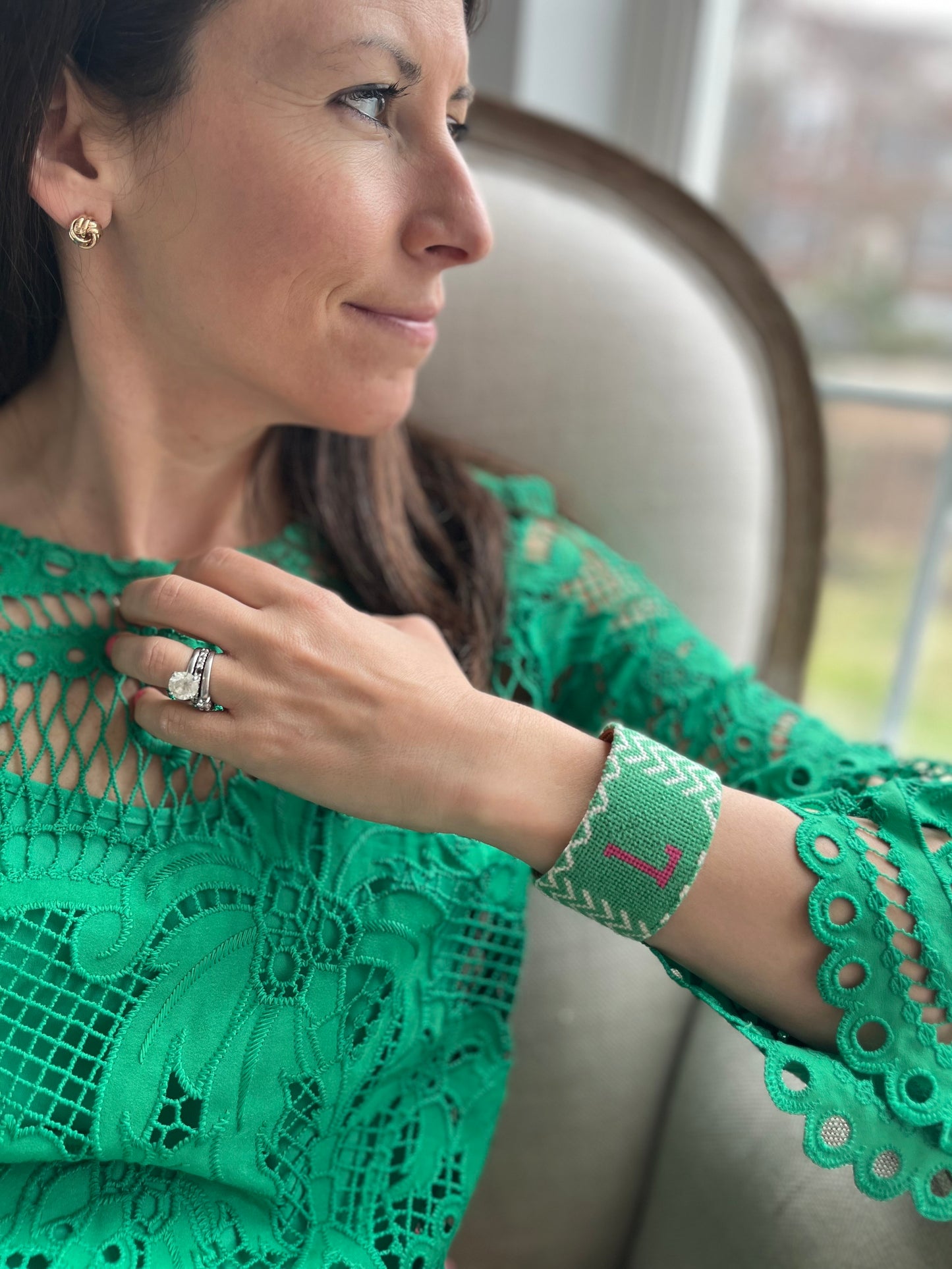 Single Monogram Green Chevron Needlepoint Cuff Bracelet